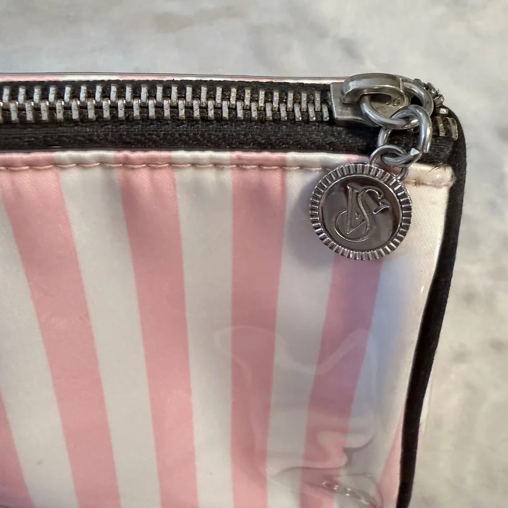 Victoria's Secret Pink White Stripe Cosmetic Makeup Bag Keychain Pouch Set